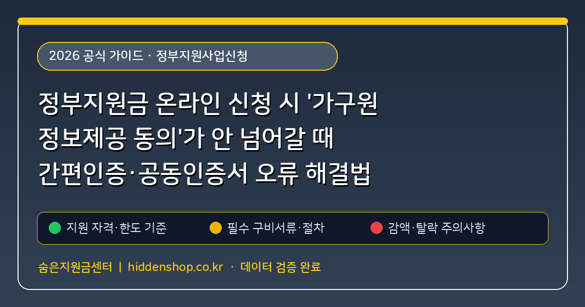 정부지원금 온라인 신청 시 '가구원 정보제공 동의'가 안 넘어갈 때 간편인증·공동인증서 오류 해결법 (정부지원사업신청) 핵심 기준 및 모의계산 요약표