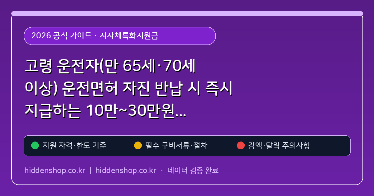 고령 운전자(만 65세·70세 이상) 운전면허 자진 반납 시 즉시 지급하는 10만~30만원 교통카드·지역화폐 인센티브 신청처